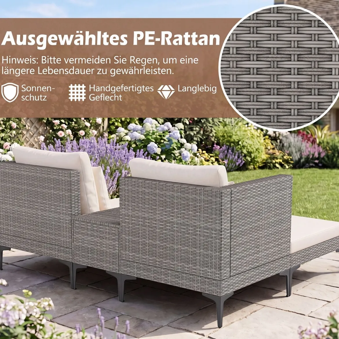5-Teiliges Gartenmöbel Set aus Polyrattan Balkonmöbel Set inkl. 2 Sofas 2 Fußhockern & 1 Couchtisch Weiß/Grau