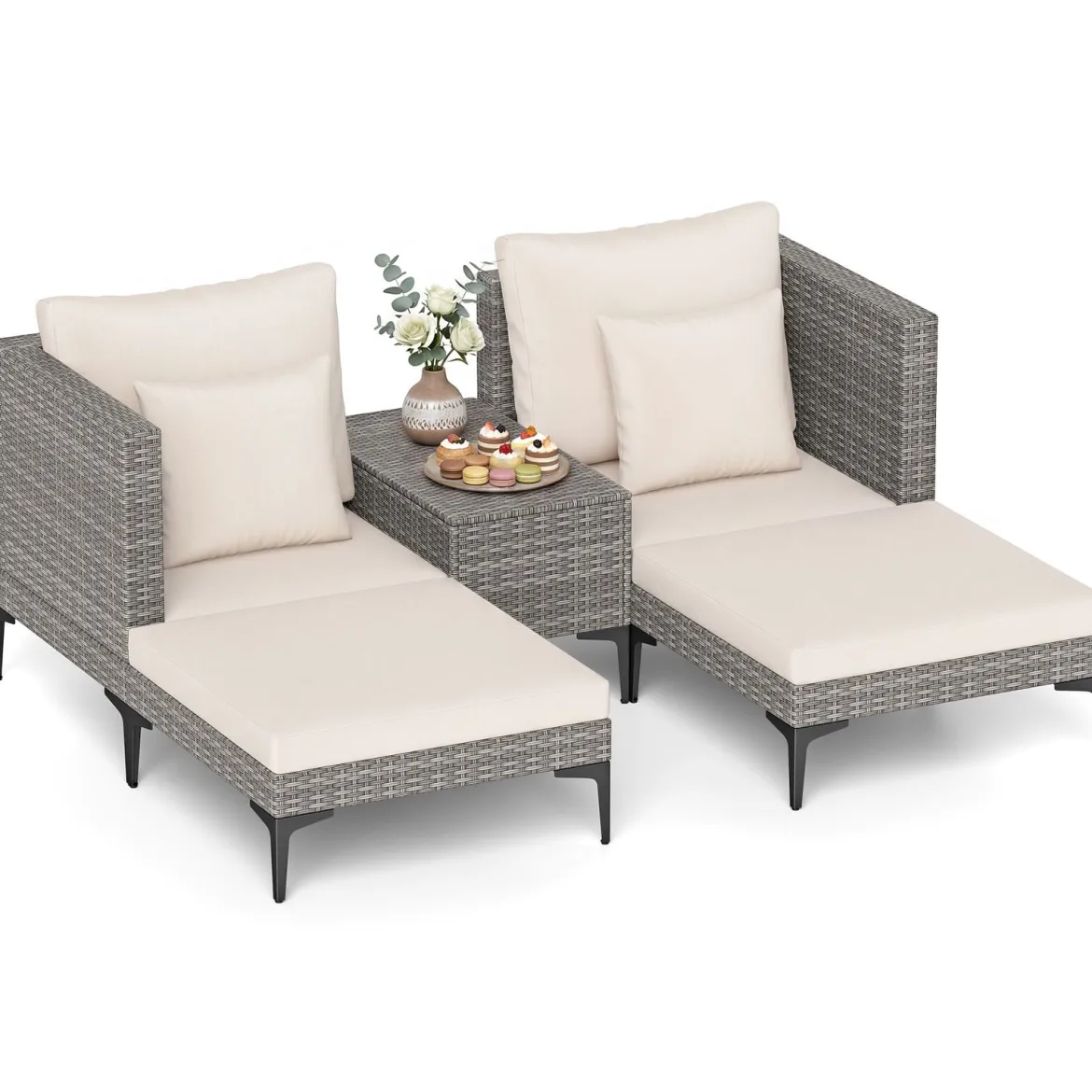 5-Teiliges Gartenmöbel Set aus Polyrattan Balkonmöbel Set inkl. 2 Sofas 2 Fußhockern & 1 Couchtisch Weiß/Grau