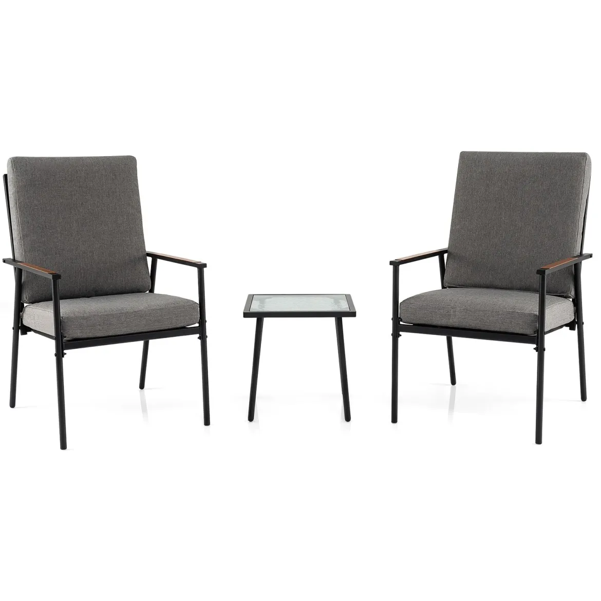 3-teiliges Gartenmöbel Set Balkonmöbel mit 2 Stühlen aus Metallrahmen & Tisch mit Glasplatte Grau