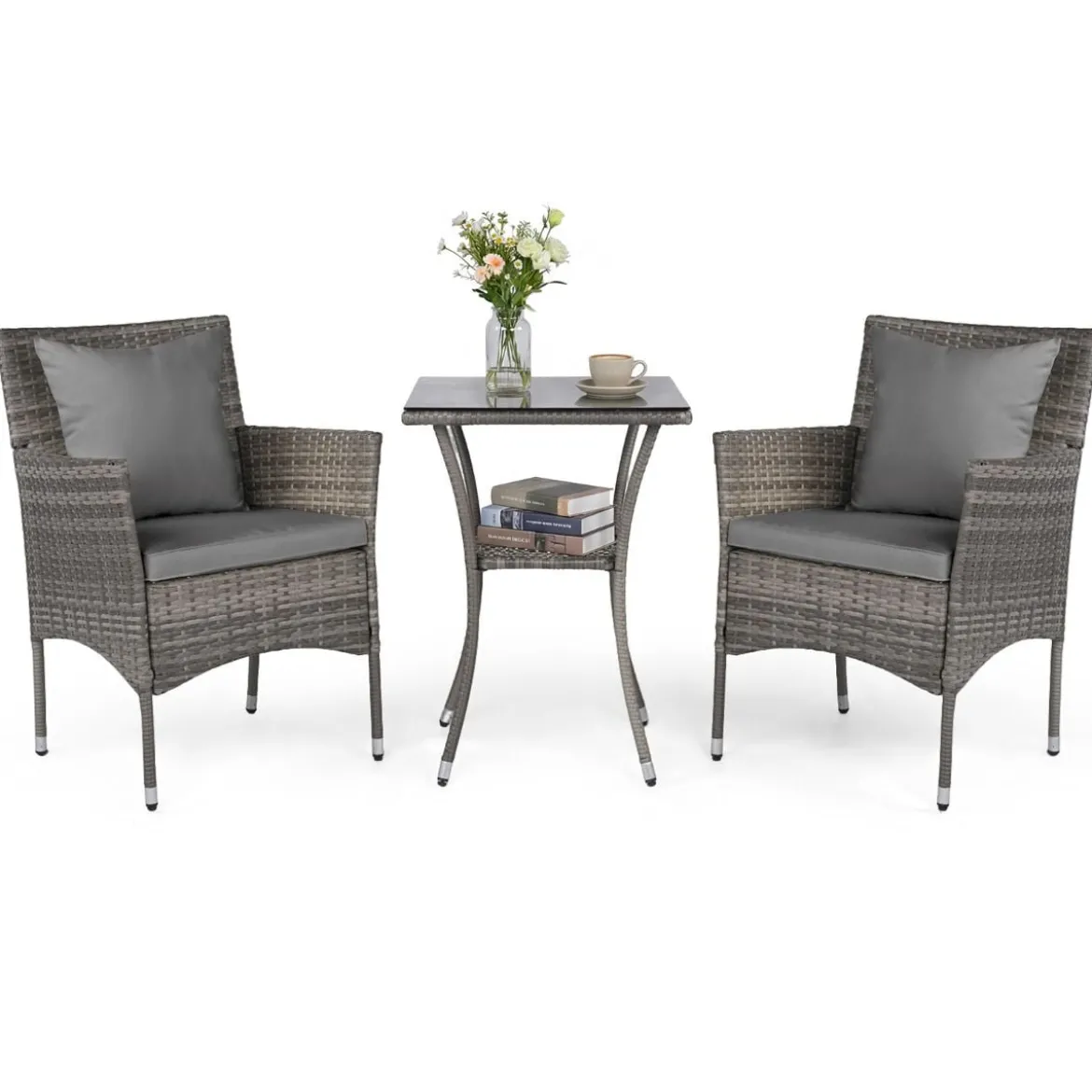 3-teiliges Gartenmöbel Set Balkon Set inkl. 2 Rattanstühle mit doppellagigem Tisch aus gehärtetem Glas Grau