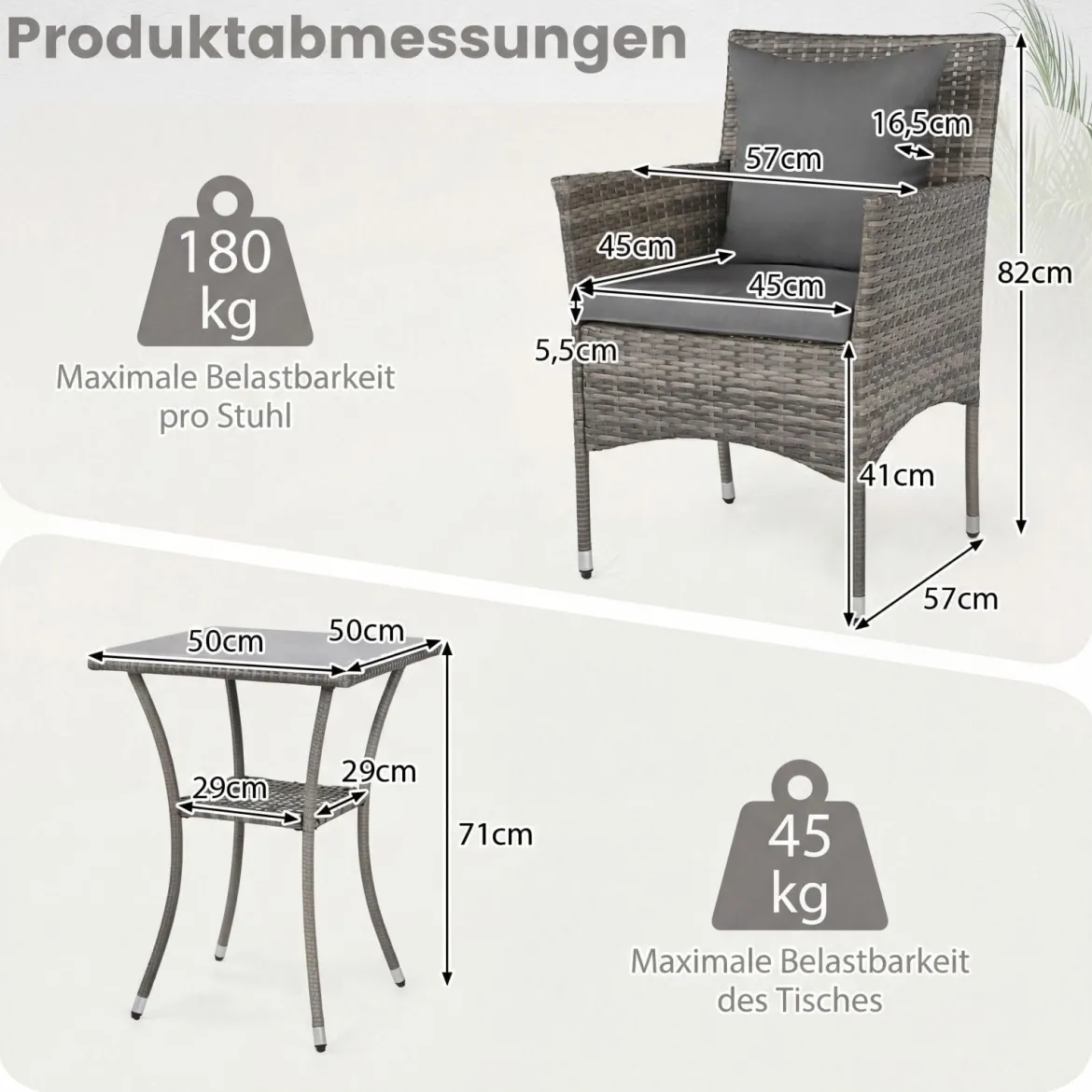 3-teiliges Gartenmöbel Set Balkon Set inkl. 2 Rattanstühle mit doppellagigem Tisch aus gehärtetem Glas Grau