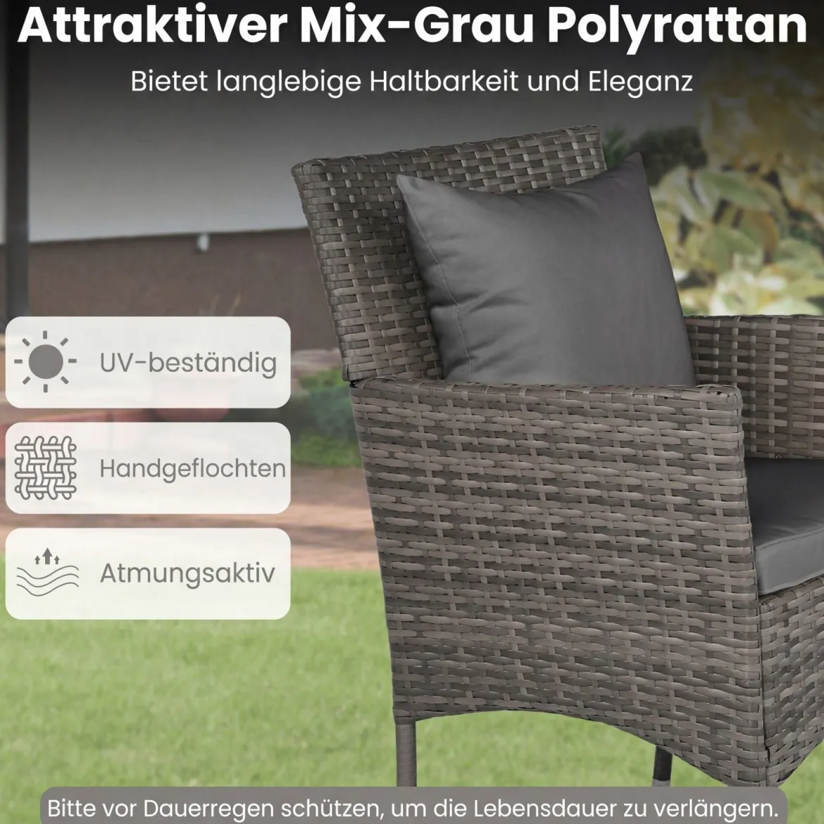 3-teiliges Gartenmöbel Set Balkon Set inkl. 2 Rattanstühle mit doppellagigem Tisch aus gehärtetem Glas Grau