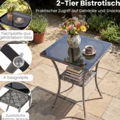 3-teiliges Gartenmöbel Set Balkon Set inkl. 2 Rattanstühle mit doppellagigem Tisch aus gehärtetem Glas Grau