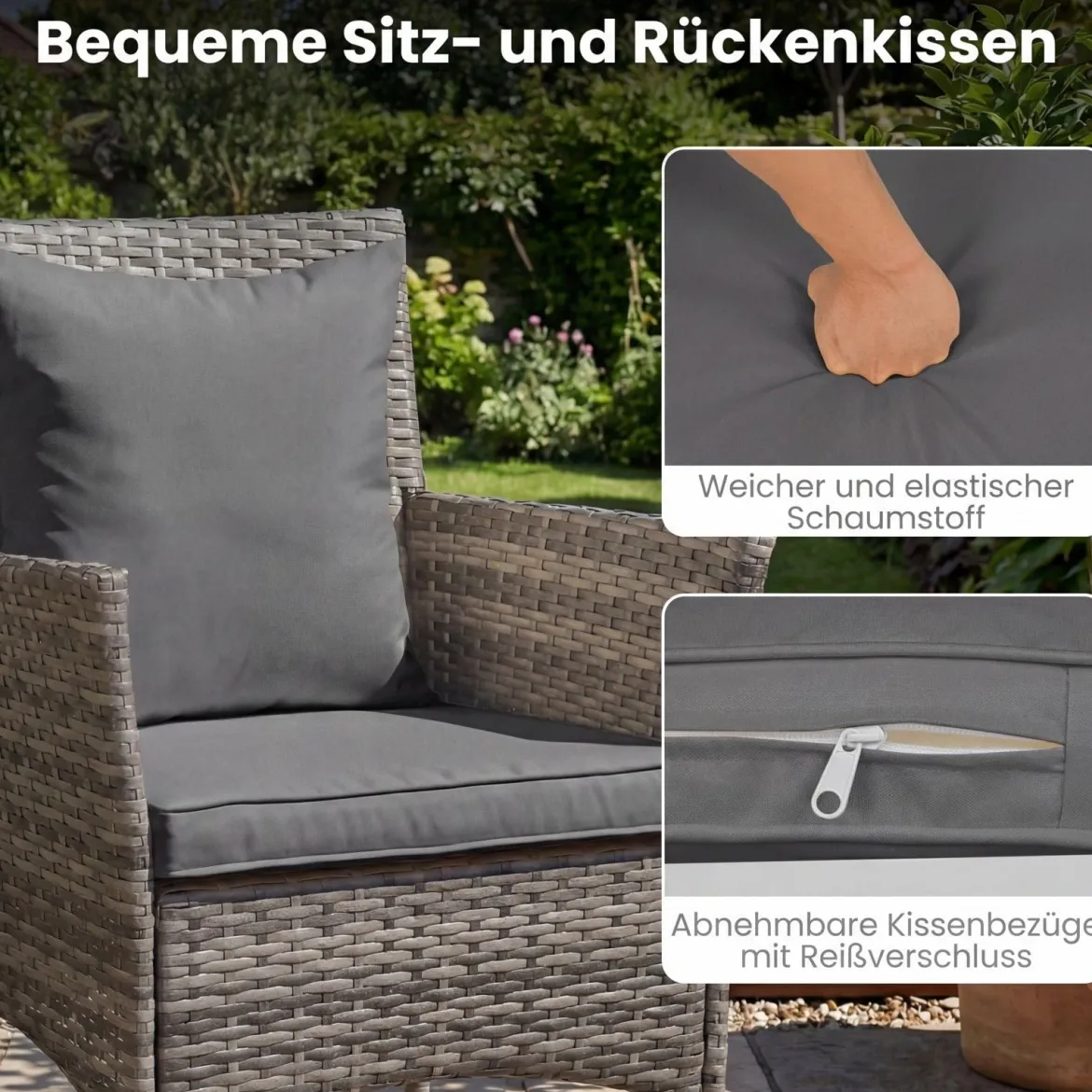 3-teiliges Gartenmöbel Set Balkon Set inkl. 2 Rattanstühle mit doppellagigem Tisch aus gehärtetem Glas Grau
