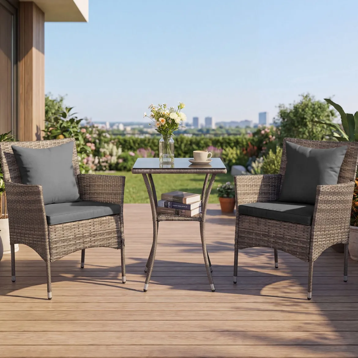 3-teiliges Gartenmöbel Set Balkon Set inkl. 2 Rattanstühle mit doppellagigem Tisch aus gehärtetem Glas Grau