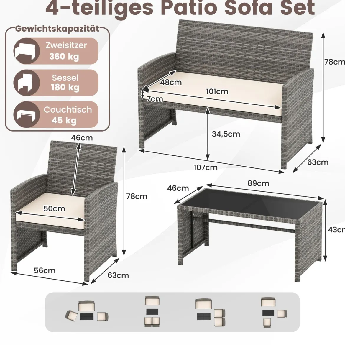 4-teiliges Gartenmöbel Set Gesprächsset inkl. Rattanstuhl Loveseat & Tisch Balkonmöbel Set Beige