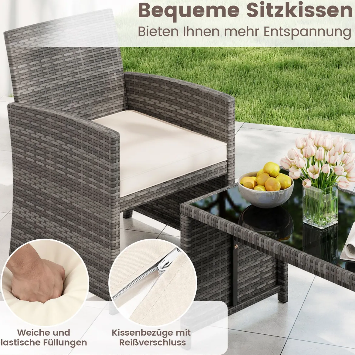 4-teiliges Gartenmöbel Set Gesprächsset inkl. Rattanstuhl Loveseat & Tisch Balkonmöbel Set Beige
