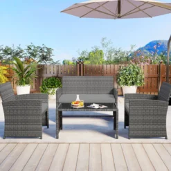 4-teiliges Gartenmöbel Set Gesprächsset inkl. Rattanstuhl Loveseat & Tisch Balkonmöbel Set Grau