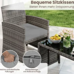 4-teiliges Gartenmöbel Set Gesprächsset inkl. Rattanstuhl Loveseat & Tisch Balkonmöbel Set Grau