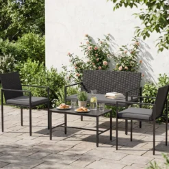 4-teiliges Gartenmöbel-Set Outdoor Rattan Stühle & Loveseat mit gehärtetem Glas-Couchtisch Grau