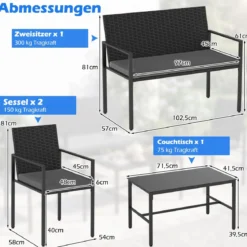 4-teiliges Gartenmöbel-Set Outdoor Rattan Stühle & Loveseat mit gehärtetem Glas-Couchtisch Grau