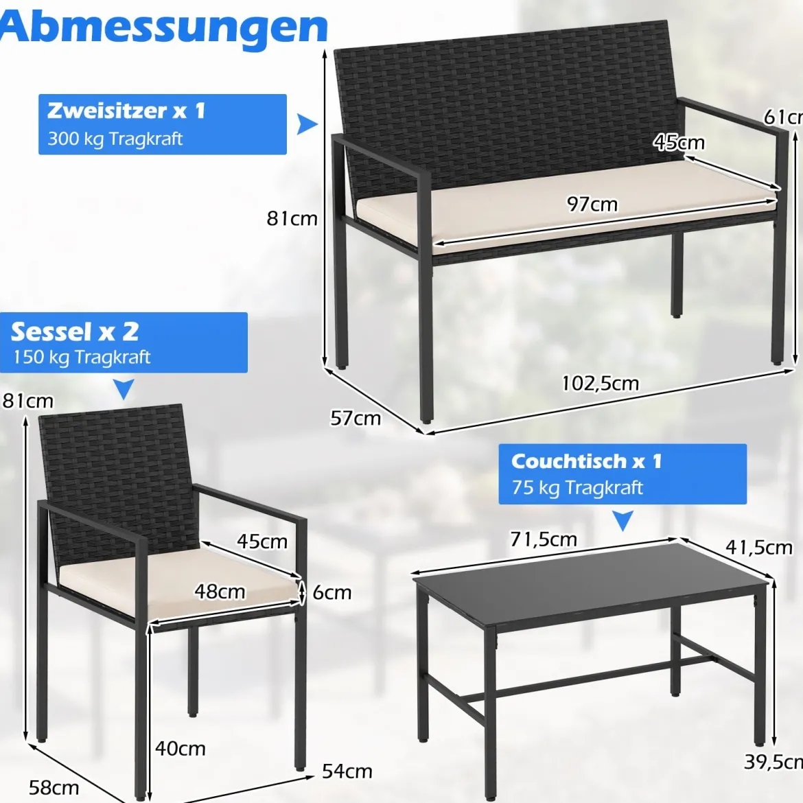 4-teiliges Gartenmöbel-Set Outdoor Rattan Stühle & Loveseat mit gehärtetem Glas-Couchtisch Beige