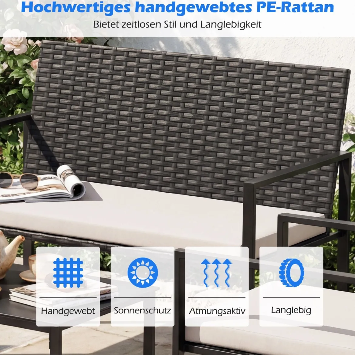 4-teiliges Gartenmöbel-Set Outdoor Rattan Stühle & Loveseat mit gehärtetem Glas-Couchtisch Beige