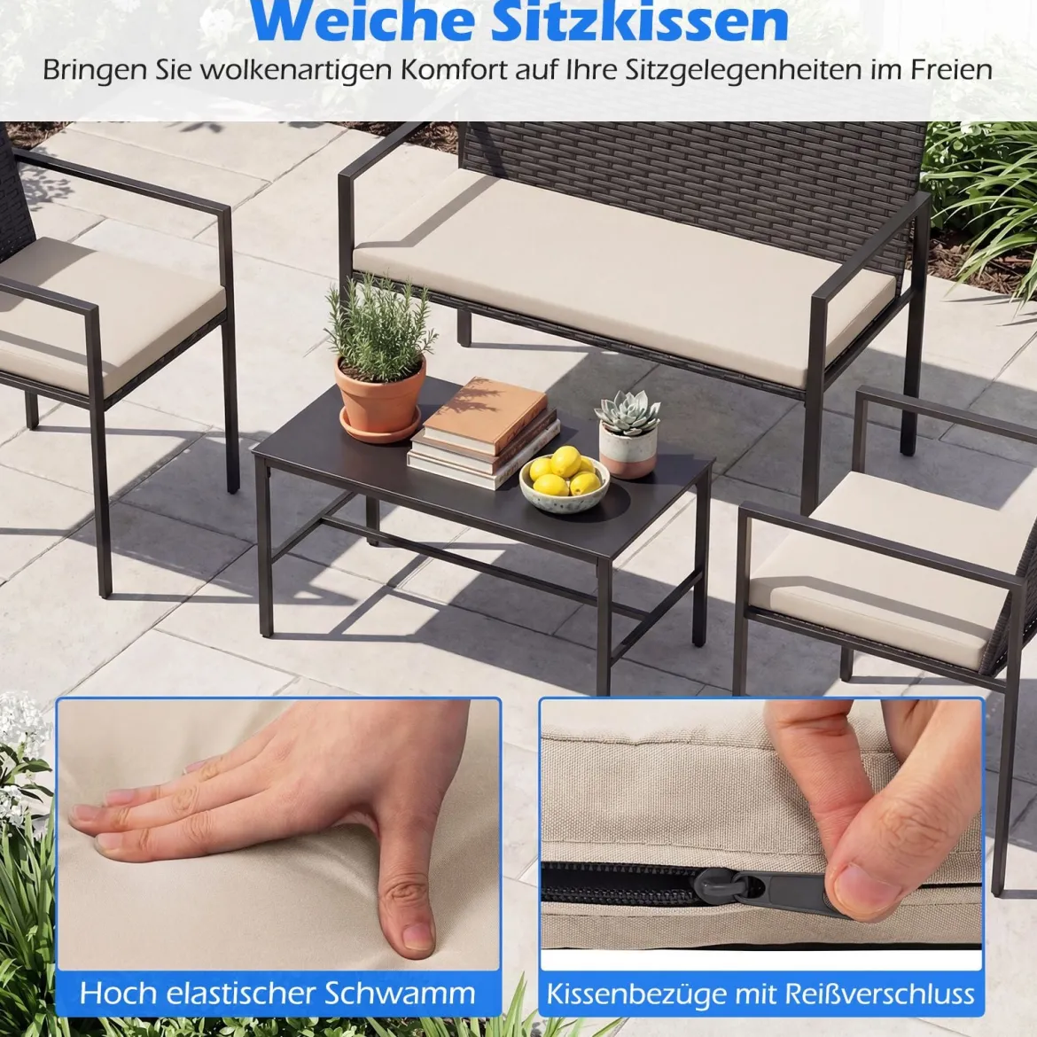 4-teiliges Gartenmöbel-Set Outdoor Rattan Stühle & Loveseat mit gehärtetem Glas-Couchtisch Beige
