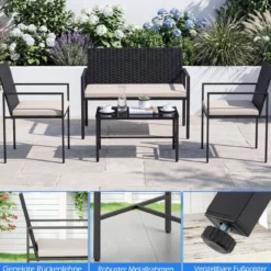 4-teiliges Gartenmöbel-Set Outdoor Rattan Stühle & Loveseat mit gehärtetem Glas-Couchtisch Beige