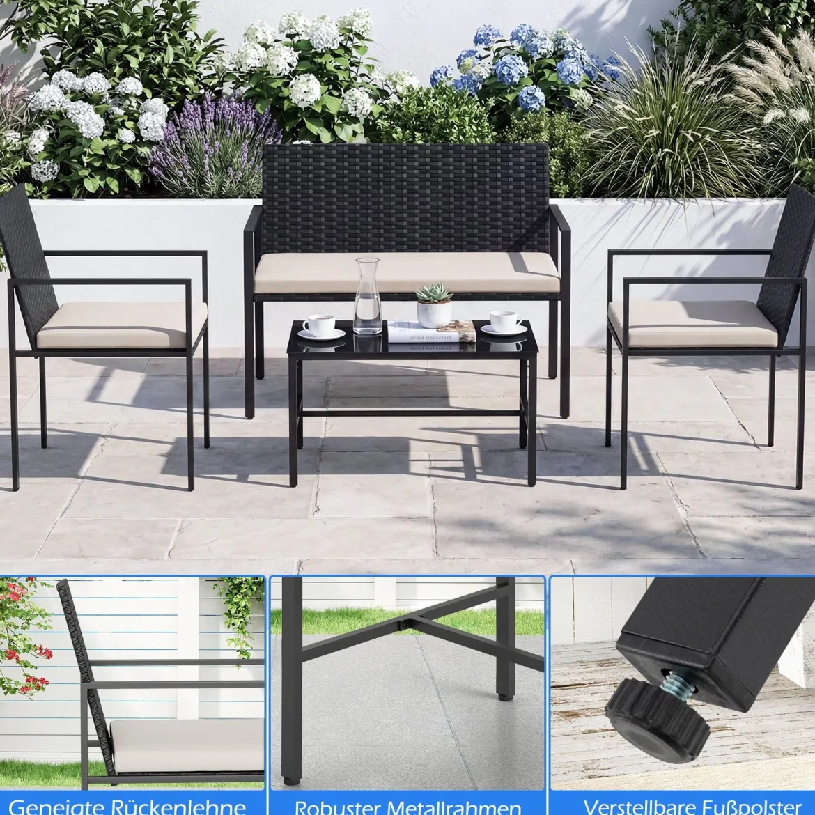 4-teiliges Gartenmöbel-Set Outdoor Rattan Stühle & Loveseat mit gehärtetem Glas-Couchtisch Beige