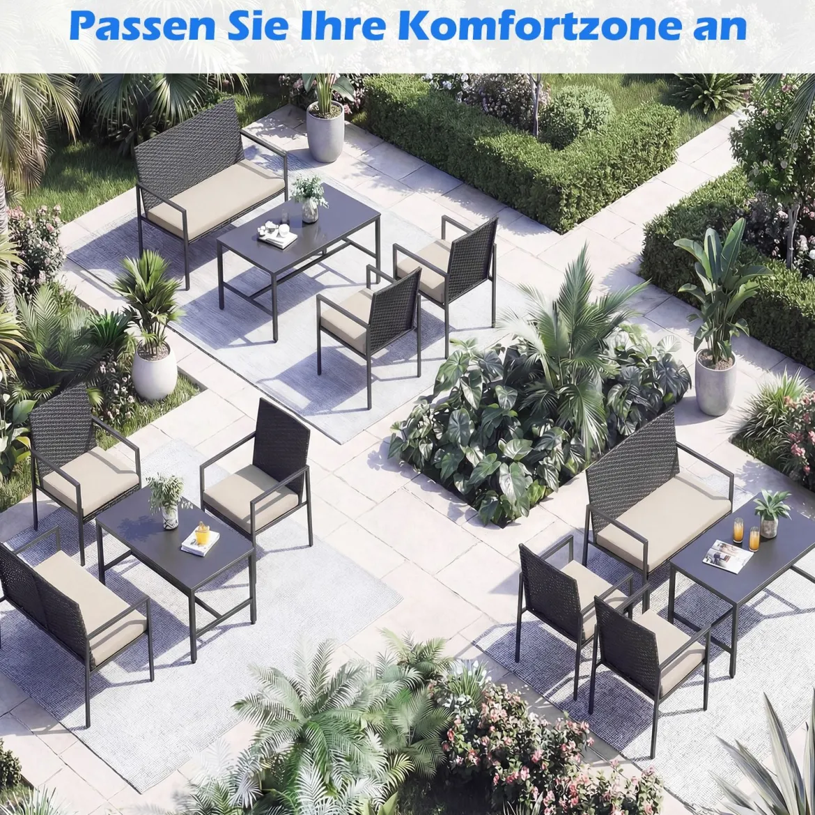 4-teiliges Gartenmöbel-Set Outdoor Rattan Stühle & Loveseat mit gehärtetem Glas-Couchtisch Beige