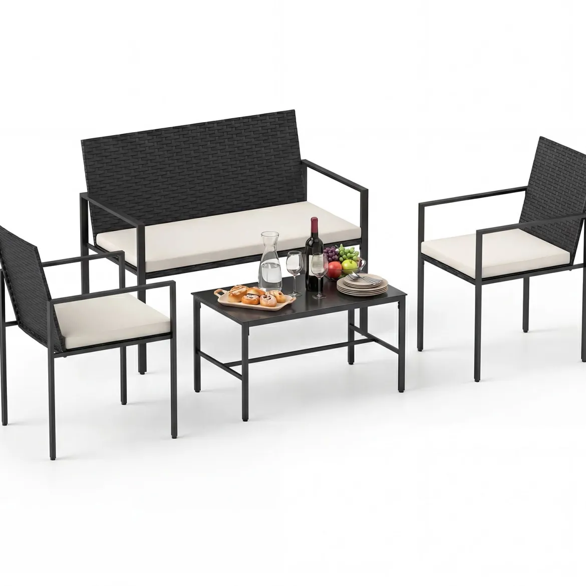 4-teiliges Gartenmöbel-Set Outdoor Rattan Stühle & Loveseat mit gehärtetem Glas-Couchtisch Beige