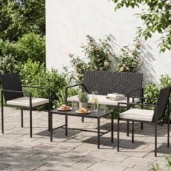 4-teiliges Gartenmöbel-Set Outdoor Rattan Stühle & Loveseat mit gehärtetem Glas-Couchtisch Beige
