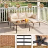 3-Teiliges Gartenmöbel Set Outdoor L-förmiges Sofa mit Couchtisch Rattan Sitzgruppe mit Metallrahmen