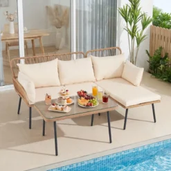 3-Teiliges Gartenmöbel Set Outdoor L-förmiges Sofa mit Couchtisch Rattan Sitzgruppe mit Metallrahmen