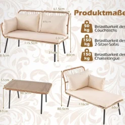 3-Teiliges Gartenmöbel Set Outdoor L-förmiges Sofa mit Couchtisch Rattan Sitzgruppe mit Metallrahmen