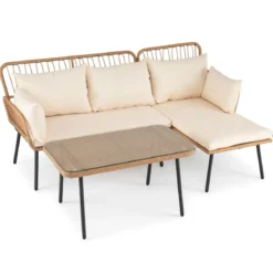 3-Teiliges Gartenmöbel Set Outdoor L-förmiges Sofa mit Couchtisch Rattan Sitzgruppe mit Metallrahmen