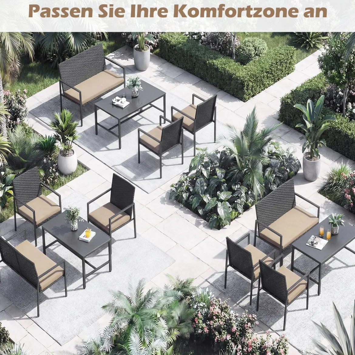4-teiliges Gartenmöbel-Set Outdoor Rattan Stühle & Loveseat mit gehärtetem Glas-Couchtisch Braun