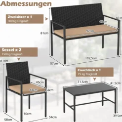 4-teiliges Gartenmöbel-Set Outdoor Rattan Stühle & Loveseat mit gehärtetem Glas-Couchtisch Braun