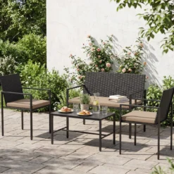 4-teiliges Gartenmöbel-Set Outdoor Rattan Stühle & Loveseat mit gehärtetem Glas-Couchtisch Braun