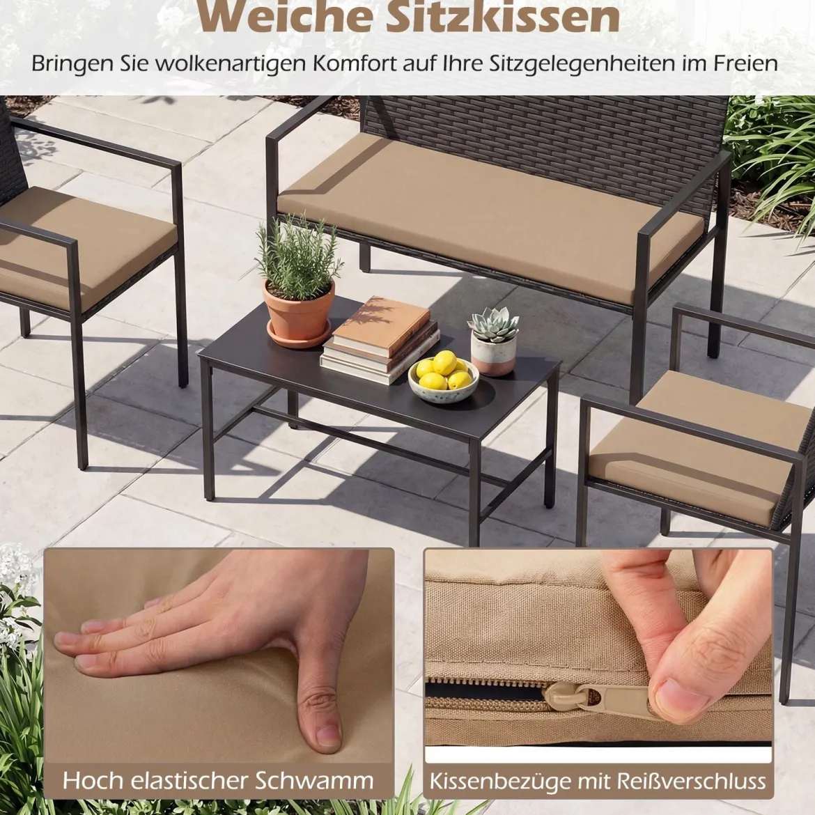 4-teiliges Gartenmöbel-Set Outdoor Rattan Stühle & Loveseat mit gehärtetem Glas-Couchtisch Braun