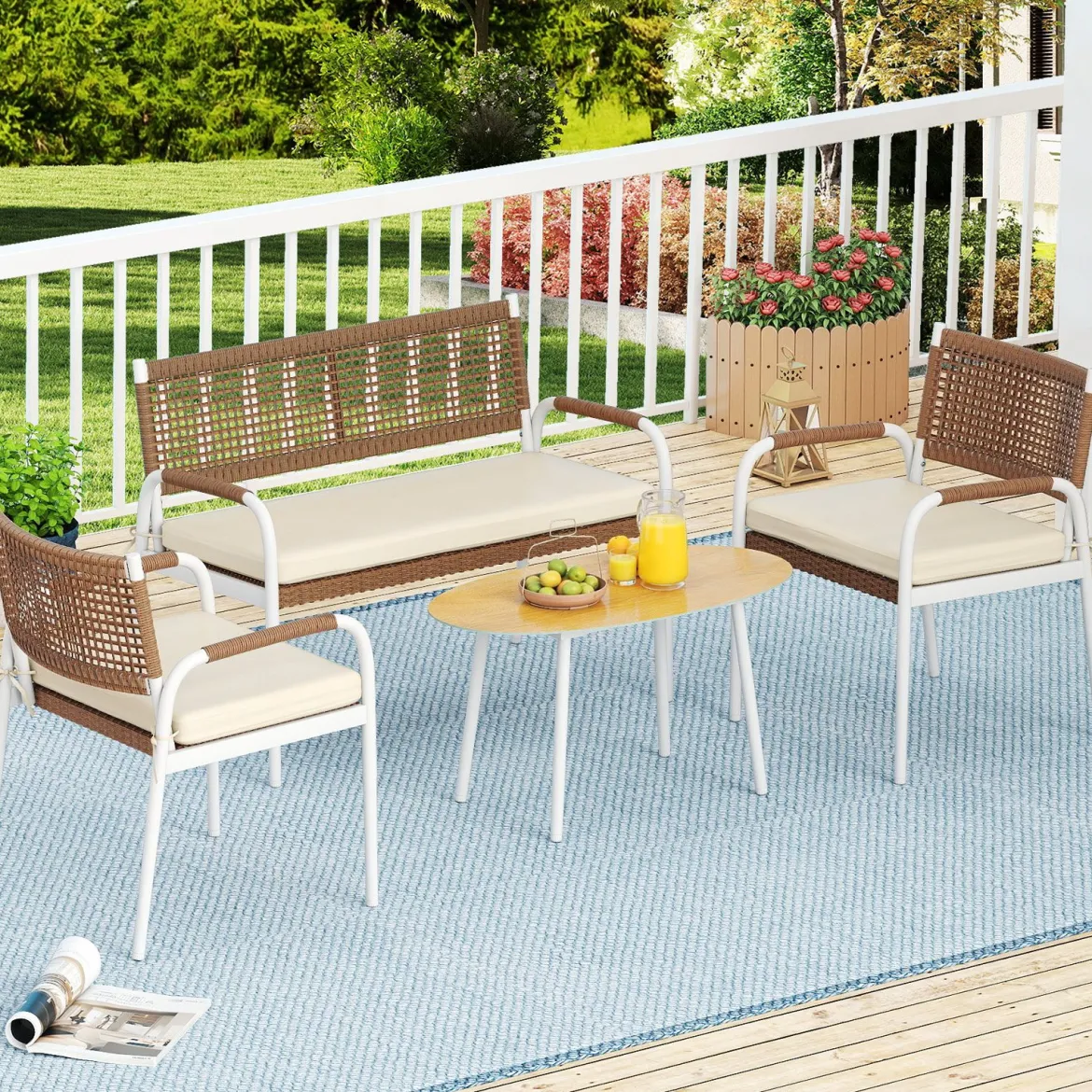 4-teiliges Gartenmöbel-Set PE-Rattan Zweisitzer & 2 Sessel mit weichen Sitzkissen Tisch mit Sicherheitsglas Beige