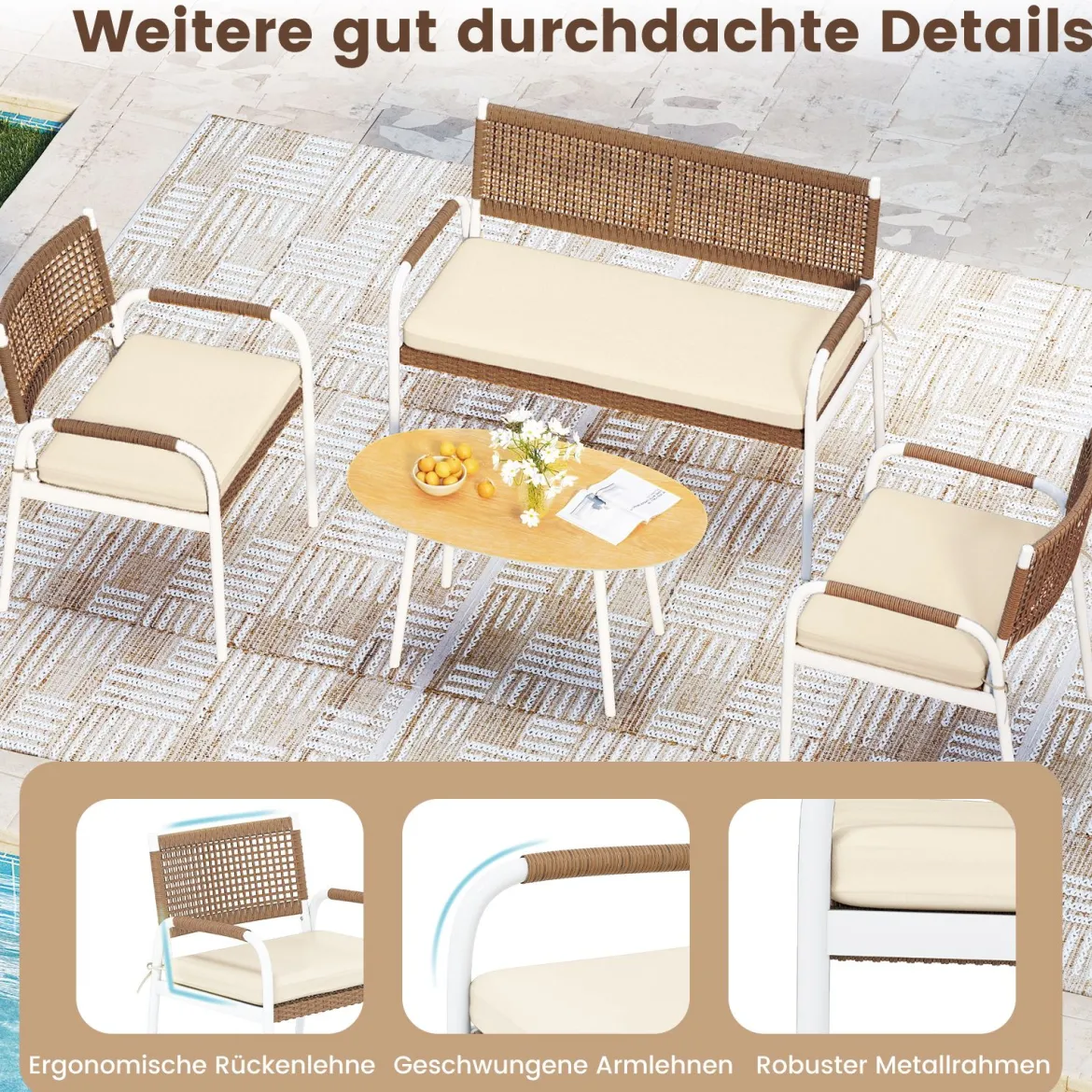 4-teiliges Gartenmöbel-Set PE-Rattan Zweisitzer & 2 Sessel mit weichen Sitzkissen Tisch mit Sicherheitsglas Beige