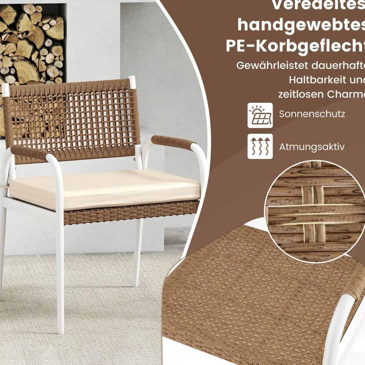 4-teiliges Gartenmöbel-Set PE-Rattan Zweisitzer & 2 Sessel mit weichen Sitzkissen Tisch mit Sicherheitsglas Beige