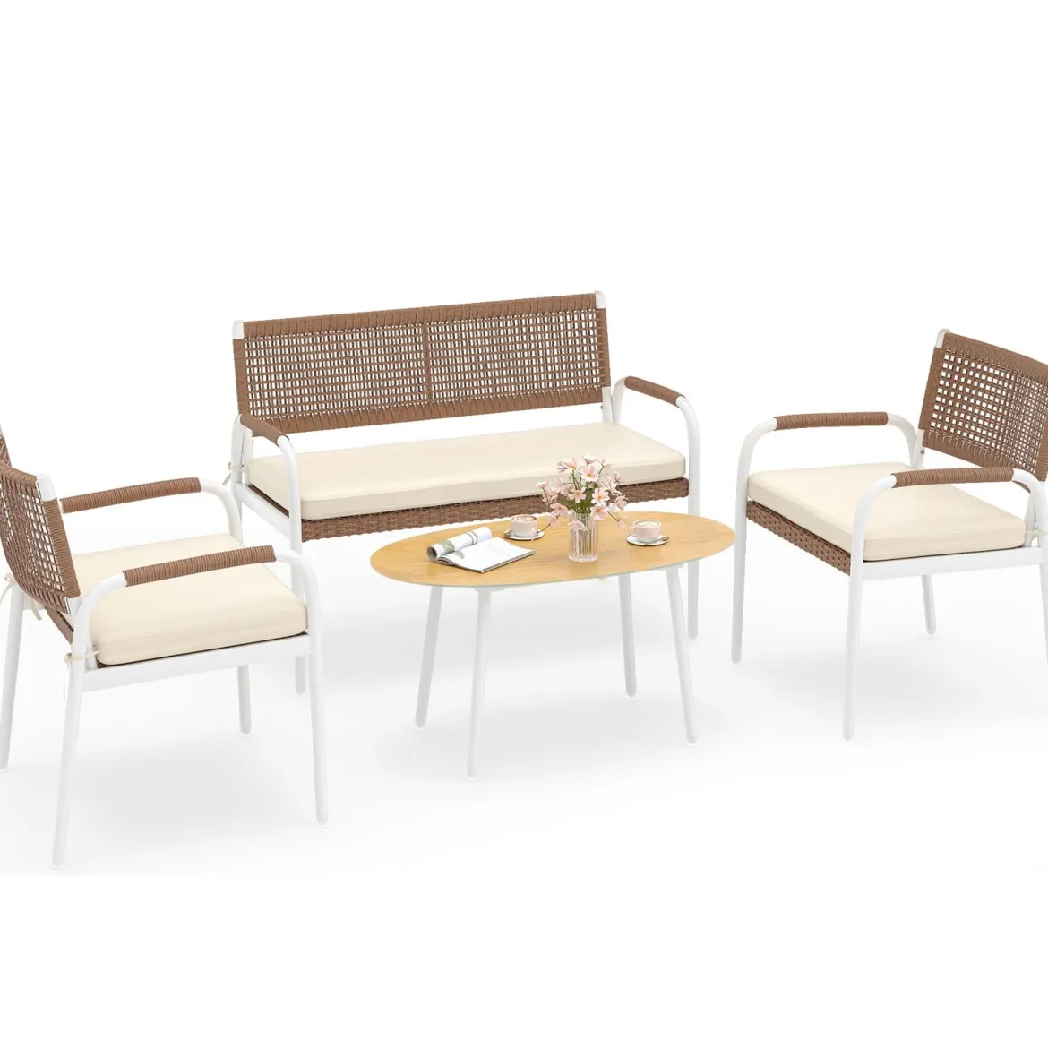 4-teiliges Gartenmöbel-Set PE-Rattan Zweisitzer & 2 Sessel mit weichen Sitzkissen Tisch mit Sicherheitsglas Beige