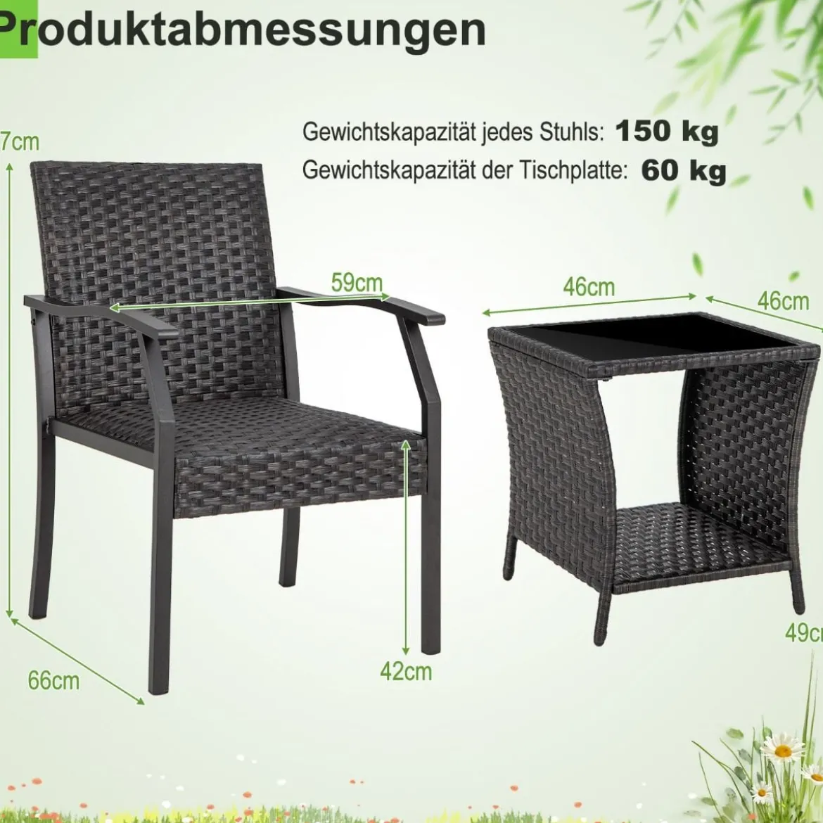 3-teiliges Gartenmöbel Set Rattan Balkonset mit 2 Stühlen und Tisch Gemischtes Braun
