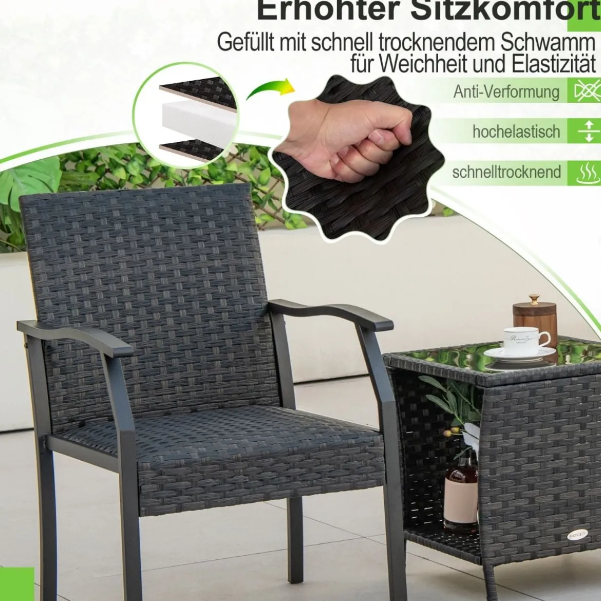 3-teiliges Gartenmöbel Set Rattan Balkonset mit 2 Stühlen und Tisch Gemischtes Braun