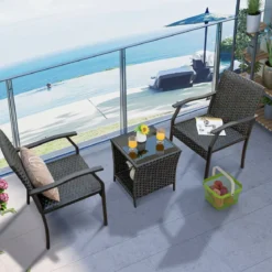 3-teiliges Gartenmöbel Set Rattan Balkonset mit 2 Stühlen und Tisch Gemischtes Braun