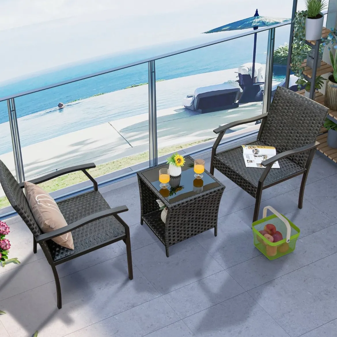 3-teiliges Gartenmöbel Set Rattan Balkonset mit 2 Stühlen und Tisch Gemischtes Braun