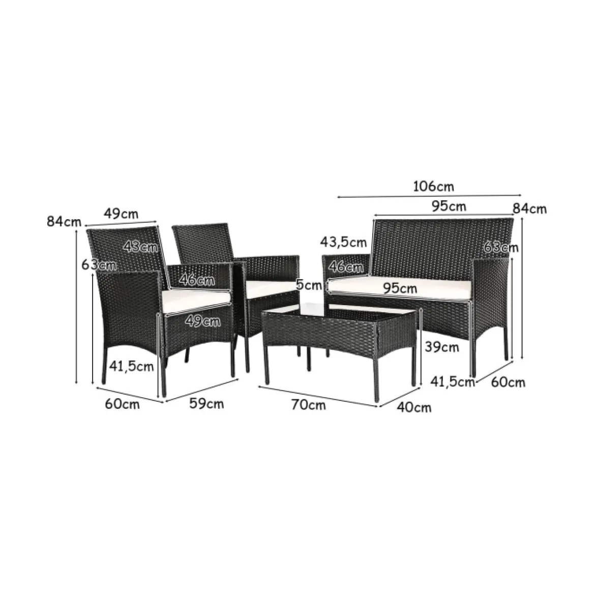 4 teiliges Gartenmöbel Set Rattan Balkonmöbel Set mit Sitzkissen für 4 Personen
