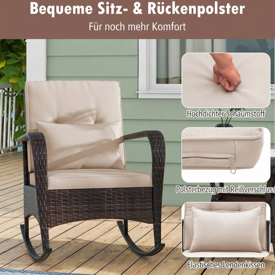 3-Teiliges Gartenmöbel-Set 2 Rattan Schaukelstühlen mit Glastisch Outdoor Sitzgruppe mit Metallrahmen