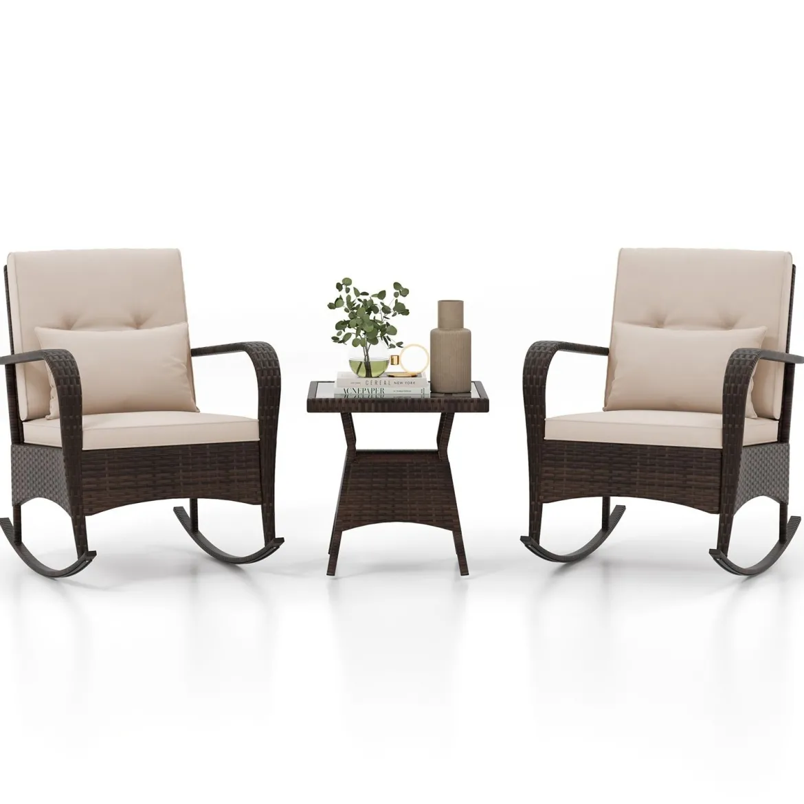 3-Teiliges Gartenmöbel-Set 2 Rattan Schaukelstühlen mit Glastisch Outdoor Sitzgruppe mit Metallrahmen