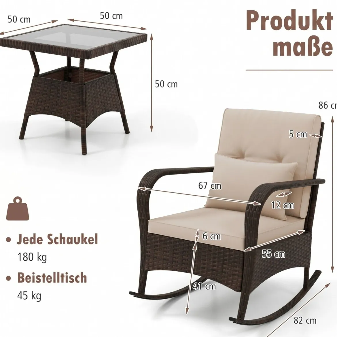 3-Teiliges Gartenmöbel-Set 2 Rattan Schaukelstühlen mit Glastisch Outdoor Sitzgruppe mit Metallrahmen