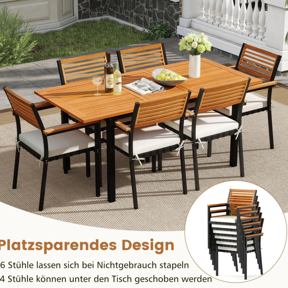 7-Teiliges Gartenmöbel Set Sitzgruppe für 6 Personen Terrassenmöbel Set aus Akazienholz mit 6 Gartenstühlen