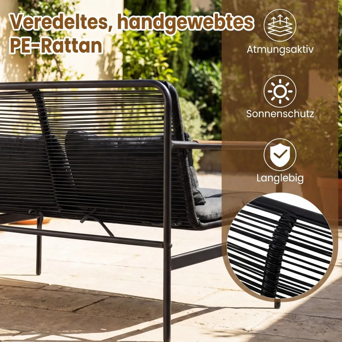 4-teiliges Gartenmöbel Sitzgruppe aus PE-Ratten mit Zweisitzer 2 Sessel & Couchtisch Grau