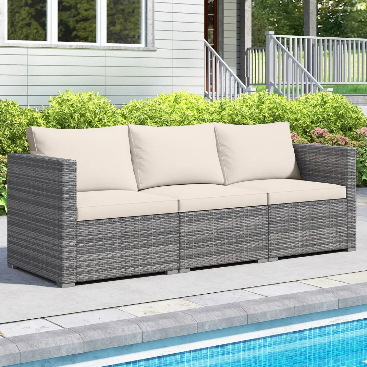 3-teiliges Gartensofa Set Lounge Sofa 3 Sitzer aus PE Rattan Modulares Sofa mit weichen Kissen Weiß