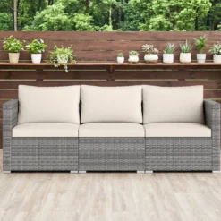 3-teiliges Gartensofa Set Lounge Sofa 3 Sitzer aus PE Rattan Modulares Sofa mit weichen Kissen Weiß