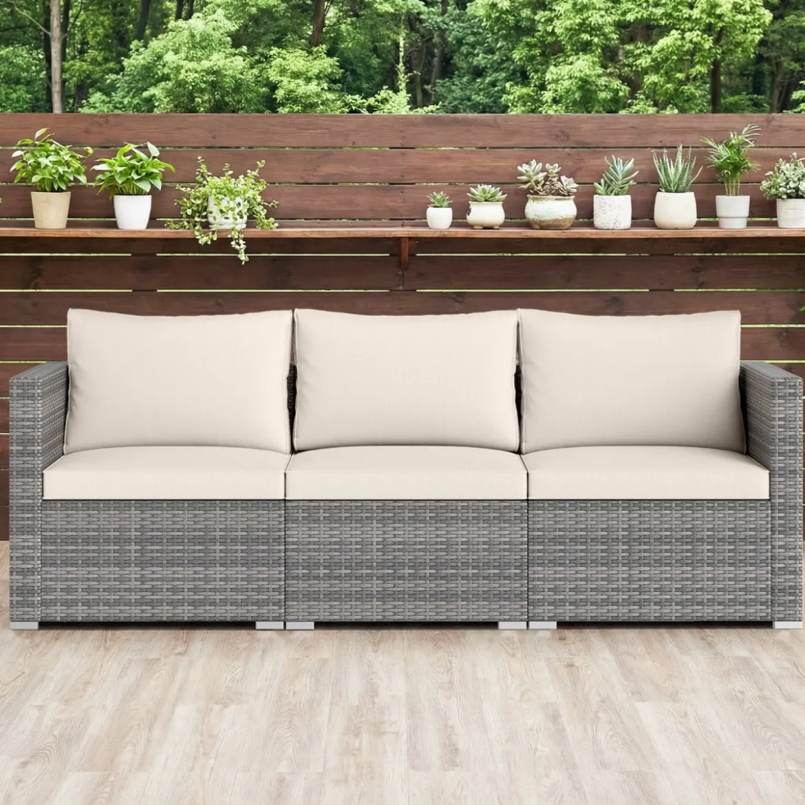 3-teiliges Gartensofa Set Lounge Sofa 3 Sitzer aus PE Rattan Modulares Sofa mit weichen Kissen Weiß