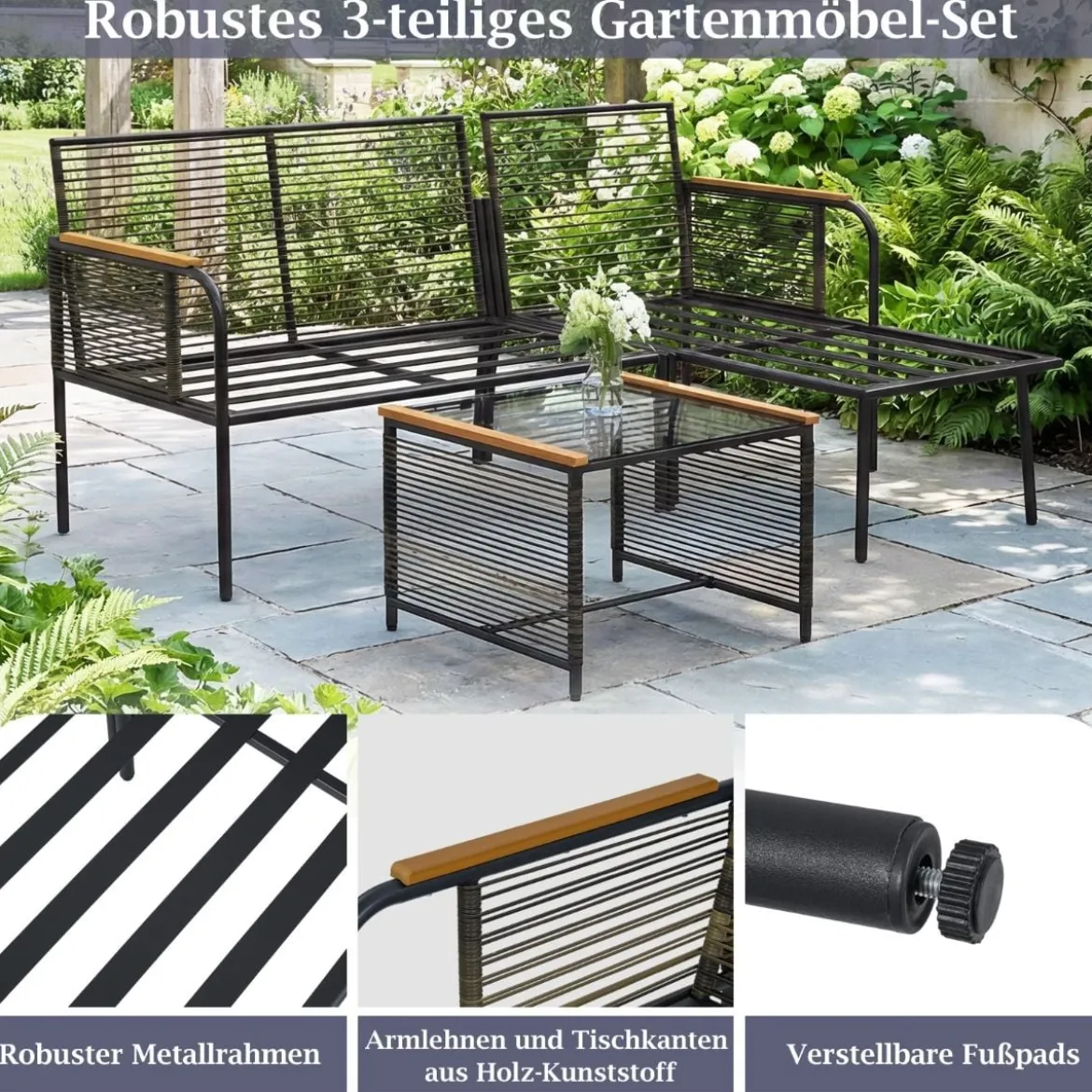 3-teiliges Geflecht-Möbelset Outdoor L-förmiges Sofa mit Kissen & Sicherheitsglas-Beistelltisch Grau