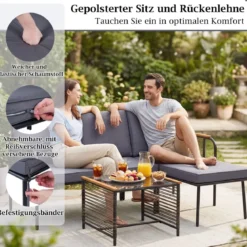 3-teiliges Geflecht-Möbelset Outdoor L-förmiges Sofa mit Kissen & Sicherheitsglas-Beistelltisch Grau
